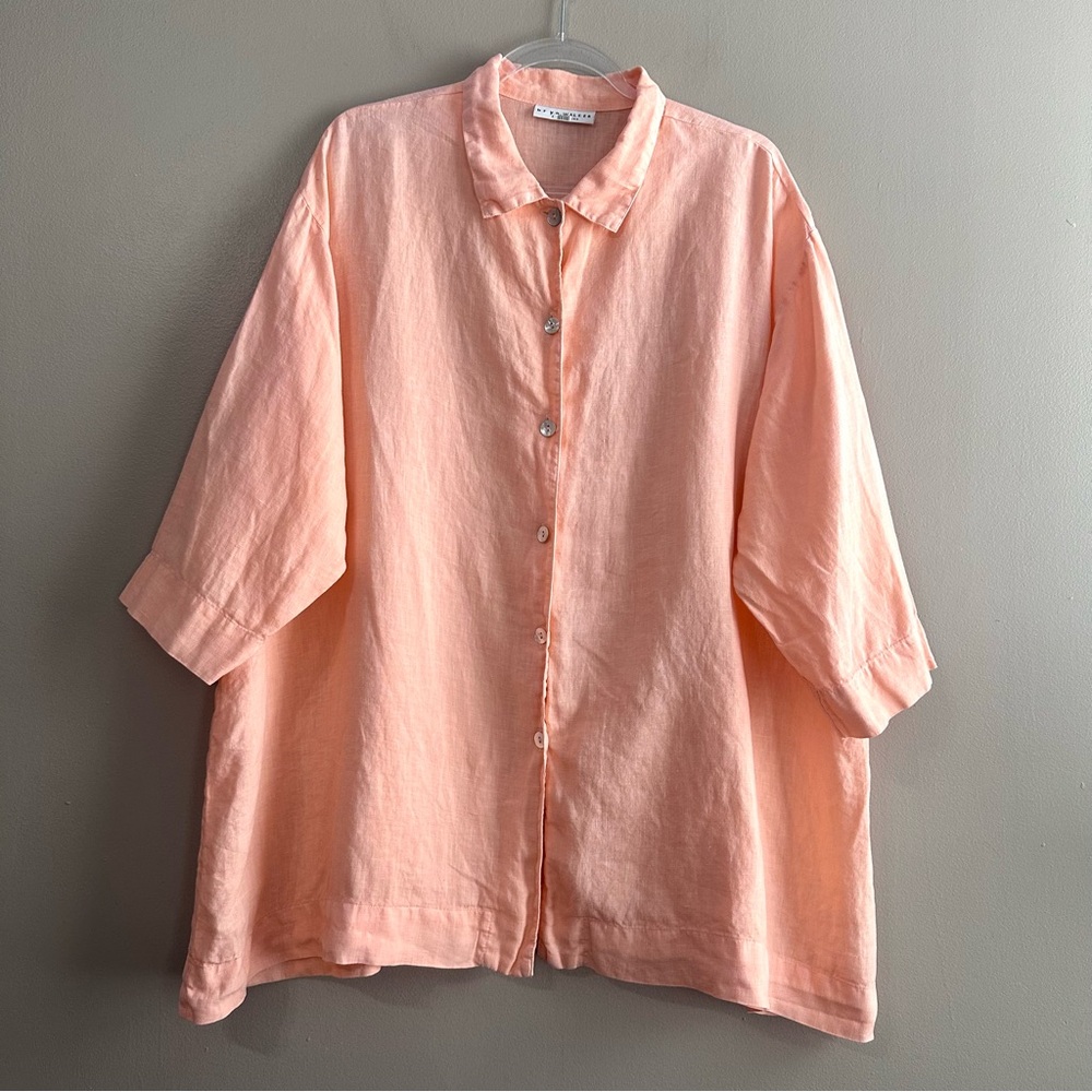 Bryn Walker 100% Linen Peach Relaxed Lagenlook Buttondown Tunic Top Womens Large